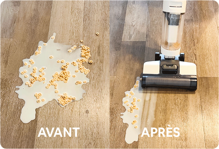 Nettoyage d'un bol de céréales renversé avec l'aspirateur laveur Tineco iFloor 3