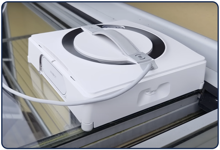 Le robot lave vitres Ecovacs Winbot W2 OMNI sur une vitre